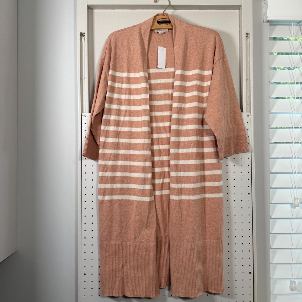 Loft Duster Cardigan Women's Peach Cream Striped Knit Open Front Sweater XS‎ NWT